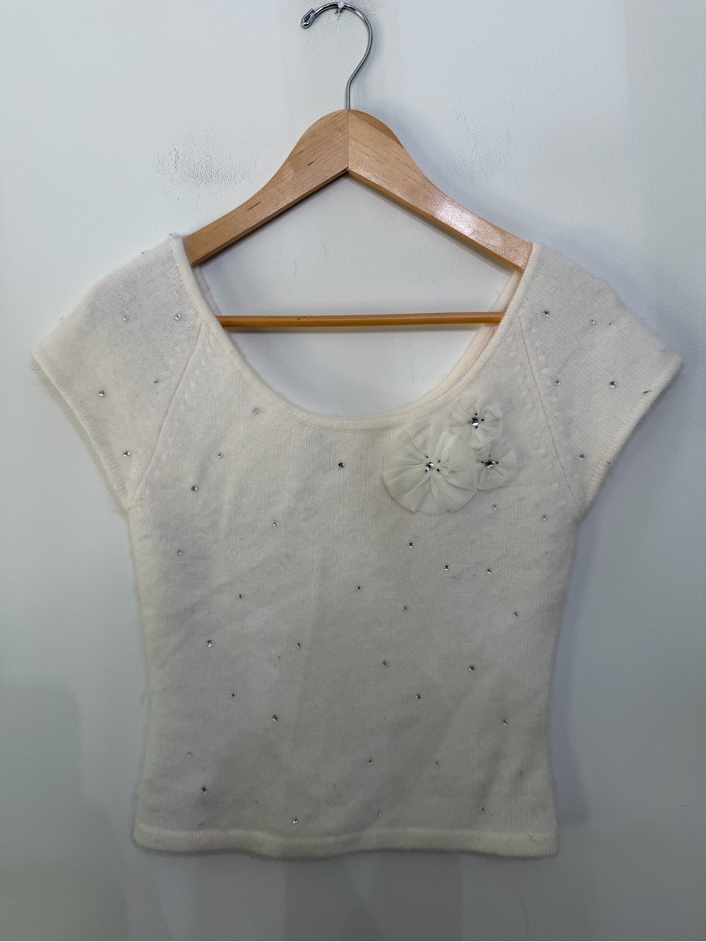 Twiggy Y2K Angora Blend Off Shoulder Sweater Top Rhinestones Tulle Women’s M